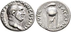 Roman Imperial Vitellius, 69. Denarius (Silver, 18 mm, 3.40 g, 12 h), Rome, late April-December 69. A VITELLIVS GERMANICVS IMP Bare head of Vitellius to right. Rev. XV VIR SACR FAC Tripod with covered