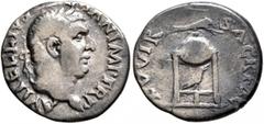 Roman Imperial Vitellius, 69. Denarius (Silver, 18 mm, 2.87 g, 5 h), Rome. A VITELLIVS GERMAN IMP TR P Laureate head of Vitellius to right. Rev. XV VIR SACR FAC Tripod with covered vessel; above, dolp