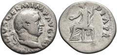 Roman Imperial Vitellius, 69. Denarius (Silver, 18 mm, 2.66 g, 6 h), Rome, circa late April-20 December 69. A VITELLIVS GER IMP AVG TR P Laureate head of Vitellius to right. Rev. [CONCOR]DIA P R Conco