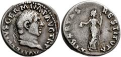 Roman Imperial Vitellius, 69. Denarius (Silver, 19 mm, 3.34 g, 6 h), Rome, late April-20 December 69. A VITELLIVS GERM IMP AVG TR P Laureate head of Vitellius to right. Rev. LIBERTAS RESTITVTA Liberta