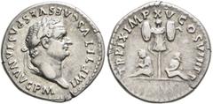 Roman Imperial Titus, 79-81. Denarius (Silver, 18 mm, 3.35 g, 6 h), Rome, 80. IMP TITVS CAES VESPASIAN AVG P M Laureate head of Titus to right. Rev. TR P IX IMP XV COS VIII P P Trophy between Britanni
