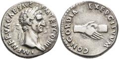 Roman Imperial Nerva, 96-98. Denarius (Silver, 18 mm, 3.08 g, 6 h), Rome, 97. IMP NERVA CAES AVG P M TR P COS III P P Laureate head of Nerva to right. Rev. CONCORDIA EXERCITVVM Clasped right hands. BM