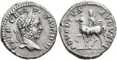 Roman Imperial Geta, 209-211. Denarius (Silver, 18 mm, 3.22 g, 6 h), Rome. P SEPT GETA PIVS AVG BRIT Laureate head of Geta to right. Rev. ADVENTVS AVGVSTI Geta on horseback to left, raising his right 
