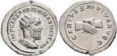Roman Imperial Pupienus, 238. Antoninianus (Silver, 23 mm, 4.28 g, 6 h), Rome, circa April-June 238. IMP CAES PVPIEN MAXIMVS AVG Radiate, draped and cuirassed bust of Pupienus to right, seen from behi