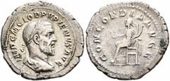 Roman Imperial Pupienus, 238. Denarius (Silver, 21 mm, 2.86 g, 6 h), Rome, circa April-June 238. IMP C M CLOD PVPIENVS AVG Laureate, draped and cuirassed bust of Pupienus to right, seen from behind. R