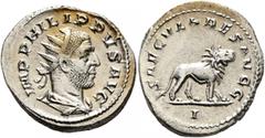 Roman Imperial Philip I, 244-249. Antoninianus (Silver, 23 mm, 4.27 g, 8 h), Rome, 248. IMP PHILIPPVS AVG Radiate, draped and cuirassed bust of Philip I to right, seen from behind. Rev. SAECVLARES AVG