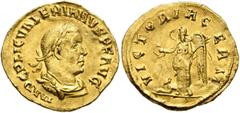Roman Imperial Valerian I, 253-260. Aureus (Gold, 19 mm, 2.30 g, 6 h), Rome, 257-258. IMP C P LIC VALERIANVS P F AVG Laureate, draped and cuirassed bust of Valerian to right. Rev. VICTORIA GERM Victor