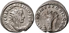 Roman Imperial Gallienus, 253-268. Antoninianus (Silver, 21 mm, 3.00 g, 12 h), Rome, 255-256. IMP C P LIC GALLIENVS P F AVG Radiate and cuirassed bust of Gallienus to right. Rev. VICTORIAE AVGG IT GER