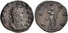 Roman Imperial Gallienus, 253-268. Antoninianus (Silvered bronze, 20 mm, 4.20 g, 5 h), Rome, 260-261. GALLIENVS AVG Radiate and cuirassed bust of Gallienus to right. Rev. PAX AVG / V Pax standing fron