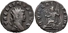 Roman Imperial Gallienus, 253-268. Antoninianus (Bronze, 20 mm, 2.85 g, 11 h), Siscia, 264-265. GALLIENVS AVG Radiate head of Gallienus to right. Rev. ROMAE AETERNAE Roma seated left, holding Victory 