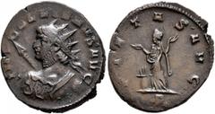 Roman Imperial Gallienus, 253-268. Antoninianus (Bronze, 22 mm, 3.68 g, 6 h), Mediolanum, 265. IMP GALLIENVS AVG Radiate bust of Gallienus to left, seen from behind, holding spear in his right hand an