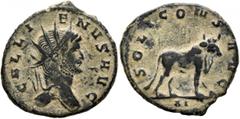 Roman Imperial Gallienus, 253-268. Antoninianus (Bronze, 21 mm, 3.51 g, 7 h), Rome, 267-268. GALLIENVS AVG Radiate head of Gallienus to right. Rev. SOLI CONS AVG / XI Bull standing right. Cohen 983. M