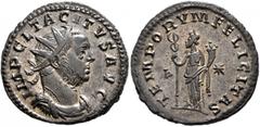 Roman Imperial Tacitus, 275-276. Antoninianus (Silvered bronze, 22 mm, 4.03 g, 12 h), Lugdunum, March-April 276. IMP CL TACITVS AVG Radiate, draped and cuirassed bust of Tacitus to right. Rev. TEMPORV