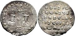 Byzantine Basil II Bulgaroktonos, with Constantine VIII, 976-1025. Miliaresion (Silver, 22 mm, 2.85 g, 1 h), Constantinopolis, 989-1025. ЄҺ TOVTω ҺICAT' - baSILЄI C CωҺST Cross crosslet, with X at cen