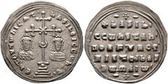 Byzantine Basil II Bulgaroktonos, with Constantine VIII, 976-1025. Miliaresion (Silver, 24 mm, 2.75 g, 12 h), Constantinopolis, 989-1025. ЄҺ TOVTω ҺICAT' - baSILЄI C CωҺST' Cross crosslet, with X at c