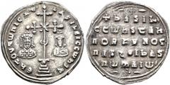 Byzantine Basil II Bulgaroktonos, with Constantine VIII, 976-1025. Miliaresion (Silver, 23 mm, 3.72 g, 12 h), Constantinopolis, 989-1025. ЄҺ TOVTω ҺICAT' - baSILЄI C CωҺST Cross crosslet, with X at ce