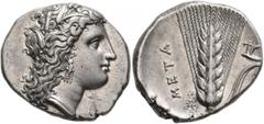 Greek LUCANIA. Metapontion. Circa 330-290 BC. Didrachm or Nomos (Silver, 22 mm, 7.97 g, 1 h). Head of Demeter to right, wearing wreath of barley ears, pendant earring and pearl necklace. Rev. META Ear