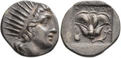 Greek ISLANDS OFF CARIA, Rhodos. Rhodes. Circa 170-150 BC. Drachm (Silver, 15 mm, 2.87 g, 12 h), 'Plinthophoric' coinage, Artemon, magistrate. Radiate head of Helios to right. Rev. APTHMΩN / P-O Rose 