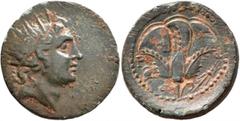 Greek ISLANDS OFF CARIA, Rhodos. Rhodes. Circa 88-85 BC. Diobol (?) (Bronze, 29 mm, 13.26 g, 12 h). Radiate head of Helios to right. Rev. P-O Rose with tendril on both sides; in field to left, crested