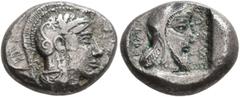 Greek DYNASTS OF LYCIA. Kherei, circa 440/30-410 BC. Drachm (Silver, 15 mm, 4.23 g, 12 h), Xanthos. Head of Athena to right, wearing crested Attic helmet decorated with three olive leaves and palmette
