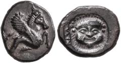 Greek ASIA MINOR. Uncertain. 5th century BC. Diobol (Silver, 12 mm, 1.27 g, 2 h). Winged hippocamp to right. Rev. Facing gorgoneion with protruding tongue within irregular circular incuse. BMC -. Heli