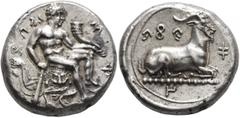 Greek CYPRUS. Salamis. Evagoras I, circa 411-374 BC. Stater (Silver, 22 mm, 11.18 g, 2 h). 𐠁𐠄𐠲𐠍𐠦 ('e-u-wa-ko-ro' in Cypriot syllabic script) Youthful Herakles, nude, seated right on rock draped w