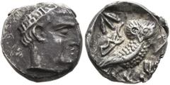 Greek ARABIA, Southern. Qataban. before 150 BC. Hemidrachm (Silver, 11 mm, 2.00 g, 9 h), imitating Athens. Male head to right, wearing diadem inscribed 𐩴𐩣𐩪𐩣 ('gms¹m' in South Arabian). Rev. AΘE Ow