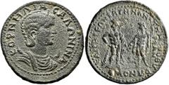 Roman Provincial LYDIA. Bagis. Salonina, Augusta, 254-268. Hexassarion (Bronze, 37 mm, 25.65 g, 6 h), Homonoia with Temenothyrai in Phrygia. ΚΟΡΝΗΛΙΑ ΣΑΛΩΝΙΝΑ Diademed and draped bust of Salonina set 