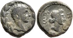 Roman Provincial LYDIA. Nysa. Augustus, with Julia Augusta (Livia), 27 BC-AD 14. Assarion (Bronze, 17 mm, 4.57 g, 12 h). Bare head of Augustus to right within laurel wreath. Rev. N[YCA]ЄⲰN Head of Liv