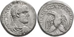 Roman Provincial JUDAEA. Caesaraea Maritima. Macrinus, 217-218. Tetradrachm (Silver, 24 mm, 12.24 g, 1 h). ΑΥT ΚΑΙ Μ ΟΠ [CЄ ΜΑΚΡΙΝΟC] Laureate, draped and cuirassed bust of Macrinus to right, seen fro