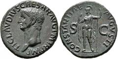 Roman Imperial Claudius, 41-54. As (Copper, 29 mm, 11.81 g, 6 h), Rome, 41-42. TI CLAVDIVS CAESAR AVG P M TR P IMP Bare head of Claudius to left. Rev. CONSTANTIAE AVGVSTI / S - C Constantia, helmeted 