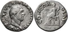 Roman Imperial Vitellius, 69. Denarius (Silver, 18 mm, 3.36 g, 6 h), Rome, late April-20 December 69. A VITELLIVS GERMAN IMP TR P Laureate head of Vitellius to right. Rev. CONCORDIA P R Concordia seat