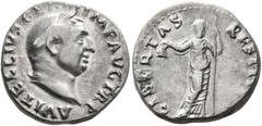 Roman Imperial Vitellius, 69. Denarius (Silver, 18 mm, 3.42 g, 6 h), Rome, late April-20 December 69. A VITELLIVS GERM IMP AVG TR P Laureate head of Vitellius to right. Rev. LIBERTAS RESTIT[VTA] Liber