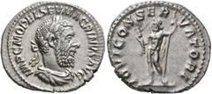Roman Imperial Macrinus, 217-218. Denarius (Silver, 20 mm, 3.12 g, 12 h), Rome, summer 217-early 218. IMP C M OPEL SEV MACRINVS AVG Laureate, draped and cuirassed bust of Macrinus to right. Rev. IOVI 