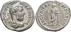 Roman Imperial Macrinus, 217-218. Denarius (Silver, 20 mm, 2.59 g, 11 h), Rome, summer 217-early 218. IMP C M OPEL SEV MACRINVS AVG Laureate and draped bust of Macrinus to right, seen from behind. Rev