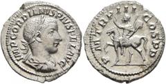 Roman Imperial Gordian III, 238-244. Denarius (Silver, 20 mm, 2.94 g, 12 h), Rome, 240. IMP GORDIANVS PIVS FEL AVG Laureate, draped and cuirassed bust of Gordian III to right, seen from behind. Rev. P