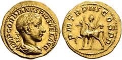 Roman Imperial Gordian III, 238-244. Aureus (Gold, 20 mm, 5.00 g, 7 h), Rome, 240. IMP GORDIANVS PIVS FEL AVG Laureate, draped and cuirassed bust of Gordian III to right, seen from behind. Rev. P M TR