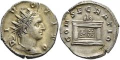 Roman Imperial Trajan Decius, 249-251. Antoninianus (Silver, 20 mm, 3.09 g, 1 h), commemorative issue for Divus Titus (died 81), Rome, 251. DIVO TITO Radiate head of Divus Titus to right. Rev. CONSECR