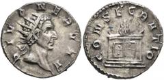 Roman Imperial Trajan Decius, 249-251. Antoninianus (Silver, 21 mm, 3.52 g, 12 h), commemorative issue for Divus Nerva (died 98), Rome, 251. DIVO NERVAE Radiate head of Divus Nerva to right. Rev. CONS