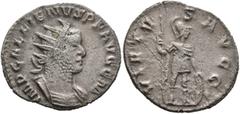 Roman Imperial Gallienus, 253-268. Antoninianus (Silver, 21 mm, 2.23 g, 4 h), Rome, 257. IMP GALLIENVS P F AVG G M Radiate and cuirassed bust of Gallienus to right. Rev. VIRTVS AVGG Mars standing fron