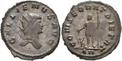 Roman Imperial Gallienus, 253-268. Antoninianus (Silvered bronze, 22 mm, 3.83 g, 6 h), Rome, 265-267. GALLIENVS AVG Radiate head of Gallienus to right. Rev. CONSERVAT PIETAT / XII Emperor standing fro