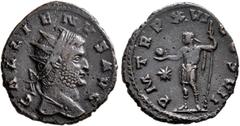 Roman Imperial Gallienus, 253-268. Antoninianus (Bronze, 20 mm, 3.84 g, 11 h), Siscia, 267. GALLIENVS AVG Radiate head of Gallienus to right. Rev. P M TR P XVI COS VII Gallienus standing front in mili