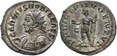 Roman Imperial Carinus, 283-285. Antoninianus (Silvered bronze, 22 mm, 3.00 g, 6 h), Lugdunum, 282. CARINVS NOBIL CAES Radiate and cuirassed bust of Carinus to left, holding spear over his right shoul