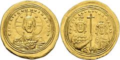 Byzantine Basil II Bulgaroktonos, with Constantine VIII, 976-1025. Histamenon (Gold, 25 mm, 4.42 g, 7 h), Constantinopolis, circa 1005-1025. +IҺS XIS RЄX RЄςNANTIҺm Nimbate bust of Christ facing, wear