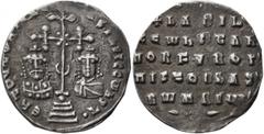 Byzantine Basil II Bulgaroktonos, with Constantine VIII, 976-1025. Miliaresion (Silver, 21 mm, 2.30 g, 6 h), Constantinopolis, 989-1025. ЄҺ TOVTω ҺICAT' - baSILЄI C CωҺST• Cross crosslet, with X at ce