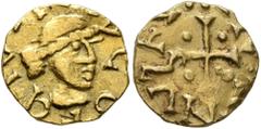 Early Medieval & Islamic MEROVINGIANS. Uncertain. Circa 600-650. Tremissis (Gold, 12 mm, 1.23 g, 7 h), ...nulfus, moneyer. ✠ [...]VCO Pearl-diademed head to right. Rev. [...]NVLFV Cross pattée with pe