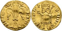World FRANCE, Provincial. Dauphins de Viennois. Charles I, 1349-1364. Florin d'or (Gold, 19 mm, 3.45 g, 6 h). •✠KROL - DPhS•V• Large ornate lily of Florence. Rev. S•IONA-NNES•B St. John the Baptist st