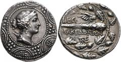 Greek MACEDON (ROMAN PROTECTORATE), Republican period. Roman embassy. Circa 148-147 BC. Tetradrachm (Silver, 30 mm, 16.86 g, 3 h), Attic standard. Diademed and draped bust of Artemis to right, bow and