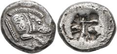 Greek DYNASTS OF LYCIA. Kybernis (?), circa 500-480 BC. Stater (Silver, 20 mm, 9.62 g). Forepart of a boar to right, ending in a pelleted vertical line; on the shoulder, KYB. Rev. Irregular incuse pun