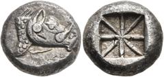 Greek DYNASTS OF LYCIA. Uncertain dynast, circa 500-480 BC. Stater (Silver, 18 mm, 9.29 g). Head and neck of a boar to right. Rev. Incuse square with eight lines radiating from center. Falghera -. Müs
